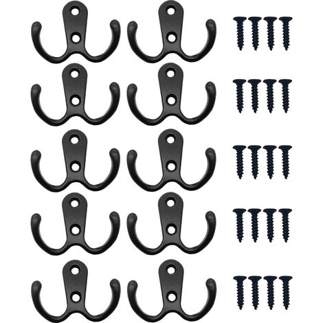 Noir - Lot de 10 crochets muraux doubles avec vis pour vêtements (1/5)