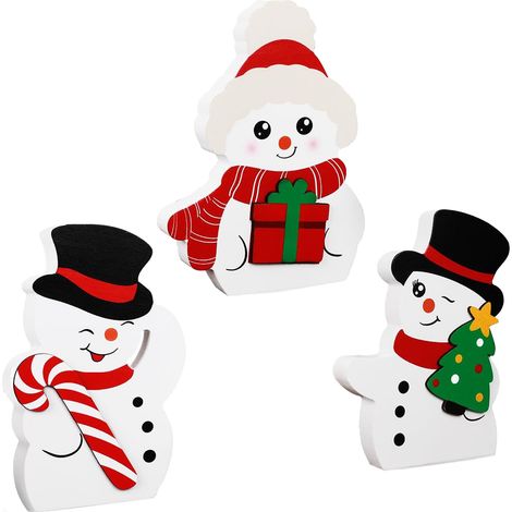 (Ensemble de trois pièces Bonhomme de neige) Plateau décoratif de Noël en bois à plusieurs niveaux, canne de Noël en sucre d'orge à la menthe, décoration hivernale pour sapin de Noël, intérieur (1/3)