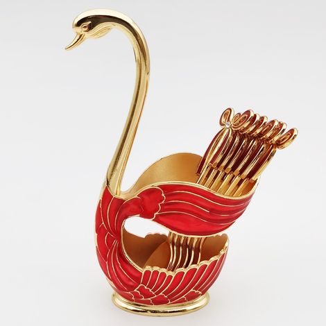 Juego de 6 piezas de cubertería para café y cuchara de postre con soporte decorativo en forma de cisne (rojo y dorado). (1/5)