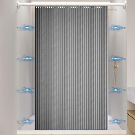 Rideau de Douche Pliable Aimanté avec Crochets, Imperméable Anti Moisissure, Lin pour Salle de Bain, Gris, 80x200cm (1/5)
