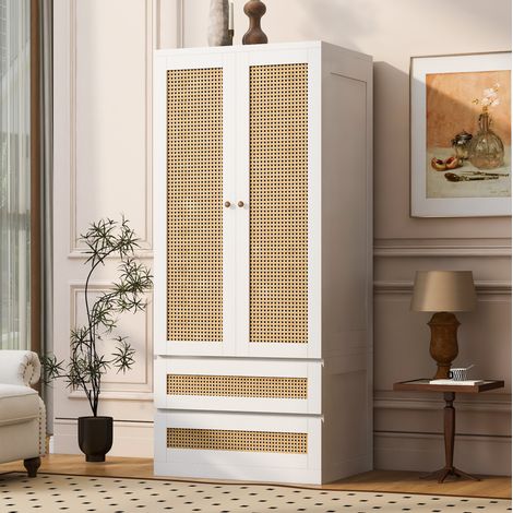 Armoire 2 portes avec 2 tiroirs et compartiment 70x55x170 cm bois et MDF blanc effet rotin REDOM (1/5)