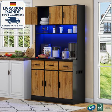 Buffet 100x40x180cm commode, buffet multifonctionnel avec 3 tiroirs, avec étagères réglables et LED, beaucoup d'espace de rangement, MDF, couleur noir et bois (1/5)