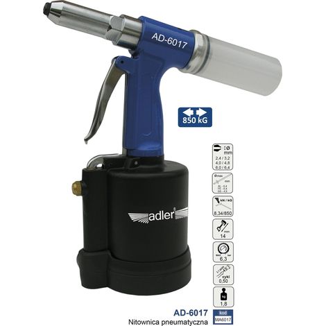 Adler Remachadora neumática AD-6017, herramienta de alto rendimiento para fijación de remaches, diseño compacto y ergonómico, máxima resistencia, compatibilidad neumática, color metálico.