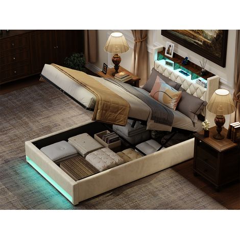 Bett 140x200 cm Gepolstert Samt Beige, Ergonomisches Design mit Hoch elastischem Schaumstoff, Fleckenabweisend Leicht zu Reinigen - Optimaler Komfort