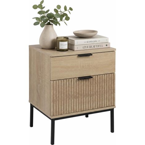Relaxdays bedside table, ribbed front, 2 drawers, HxWxD: 50 x 40 x 30 cm, MDF & iron, natural (1/5)