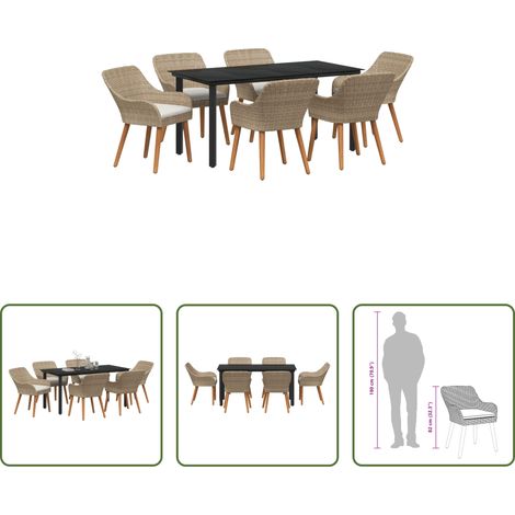 vidaXL Terrassentisch - Garten Essgruppe mit Kissen 7 pcs Beige Poly-Rattan (1/5)