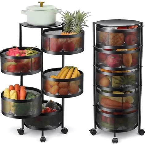 Carrello In Metallo 5 Ripiani Gira 360  Cesto Porta Frutta Verdura 4 Ruote 90 Cm
