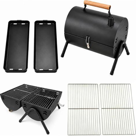 Barbecue charbon de bois portable, fumoir double face avec cheminée, brasero extérieur, 2 grilles et 2 plateaux à charbon, poignée en bois, pour 3-5 personnes, jardin et réunions (1/5)