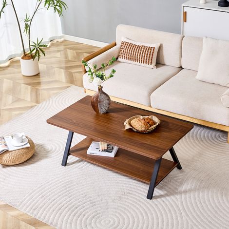 Table basse industrielle moderne avec étagère de rangement, finition noyer et structure en métal noir, 110 x 57 x 44,5 cm, idéale pour le salon, le bureau, les appartements et les petits espaces. (1/5)