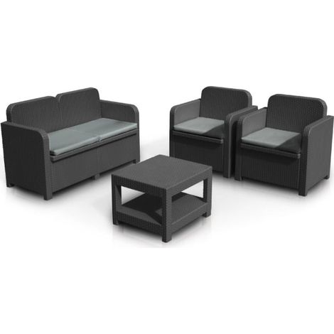 Grand Soleil – Salon de jardin en polyrotin 4 places – Ensemble avec table basse et fauteuils – Résistant aux intempéries – Design élégant noir