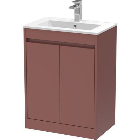 Chartley Contemporary Floor Standing 2 Door Vanity Basin Unit, Minimalist Basin, 600mm, Smoked Red