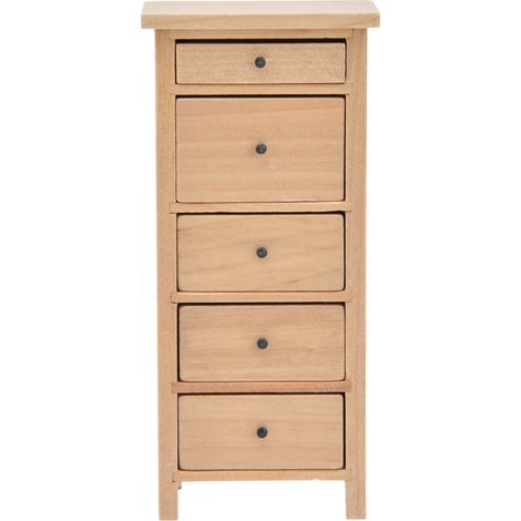 Commode pour maison de poupée à l'échelle 1:12, en bouleau de qualité supérieure non peint, robuste et durable, avec de jolis tiroirs couleur bois de ronce. (1/5)