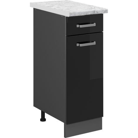 Schubladenschrank R-Line, Schwarz Hochglanz, 30 cm AP Marmor, Vicco