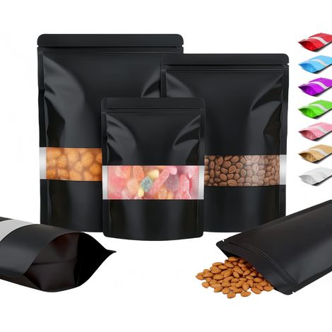 100 Sachets Zip Doypack avec Fenêtre, Pochettes Mylar (Noir,15x22cm) Sachets Aluminium Hermétiques Refermables (1/5)