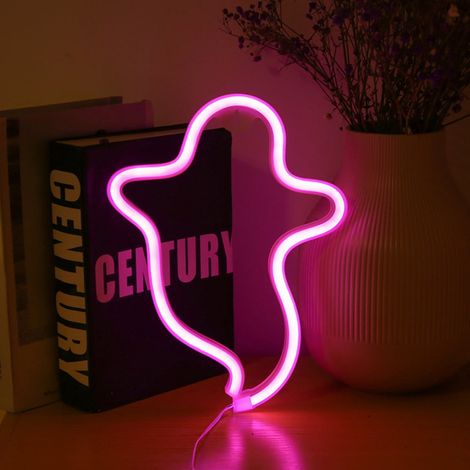 Luminaire Fantôme Halloween - Lampe Néon LED avec Socle pour Chambre à Coucher Bar Décoration Murale - 26 x 19 cm - 3 Piles AA Requises (1/5)