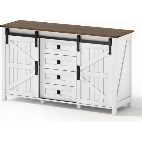Buffet avec rangement, 137 cm, portes coulissantes et 4 tiroirs, MDF blanc, style vintage (1/5)