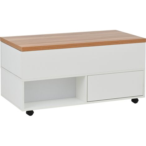 Mesa de centro elevable con ruedas 100 x 50 x 52 cm blanca y madera con 4 cajones (1/5)