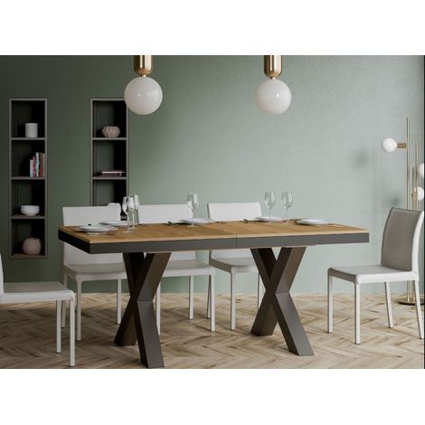 Table extensible 6 à 12 places L 160 à 264 cm bois mélaminé clair – Pieds en acier anthracite – Rallonges de 52 cm incluses – Itamoby (1/5)