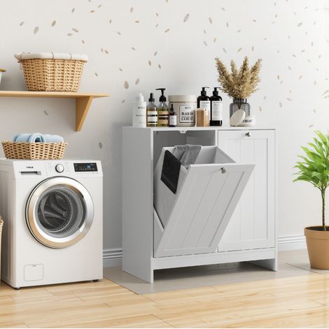Mobile portabiancheria con 2 cesti estraibili ribaltabili in MDF bianco OKWISH (1/5)
