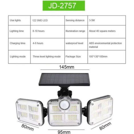 Éclairage solaire extérieur - - 122 LED - Détecteur de mouvement - IP65 étanche - 3 têtes réglables - Portée 120° (1/2)