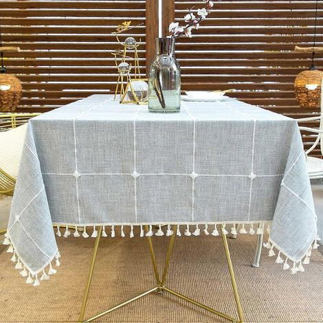 Nappe lavable à pompons en coton et lin à effet lotus, déperlante, antidérapante (T4, 140 x 200 cm) (1/5)