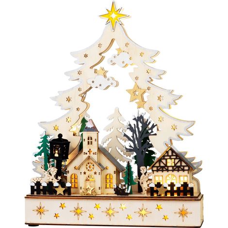 Weihnachtsdekoration MagicHome, Dorf, Holz, 12xLED warmweiß, 25x7.5x32 cm, 2xAA (1/3)