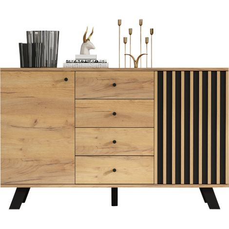 Buffet 120 cm bois, 4 tiroirs, 2 portes, pieds bois massif