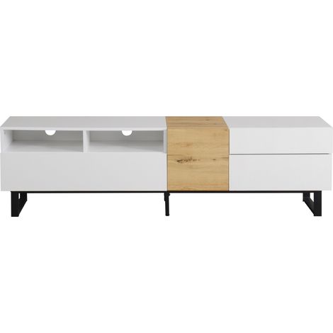 Moderner TV-Schrank weiß in Holzoptik 180 x 50 x 38 cm mit 2 Schubladen und 2 Türen (1/5)