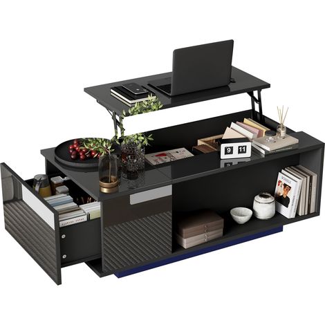 Couchtisch mit LED Lichtstreifen, höhenverstellbarer Lift-Top mit Stauraum, 1 Schublade, Hochglanz, 100×50×40 cm, Schwarz (1/5)