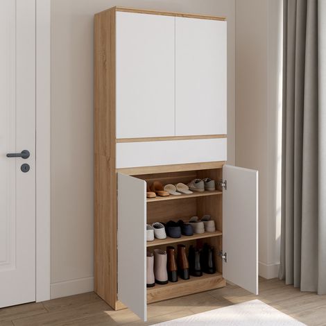 Mueble zapatero TOMI 24 pares 4 puertas 1 cajón, acabado haya y blanco