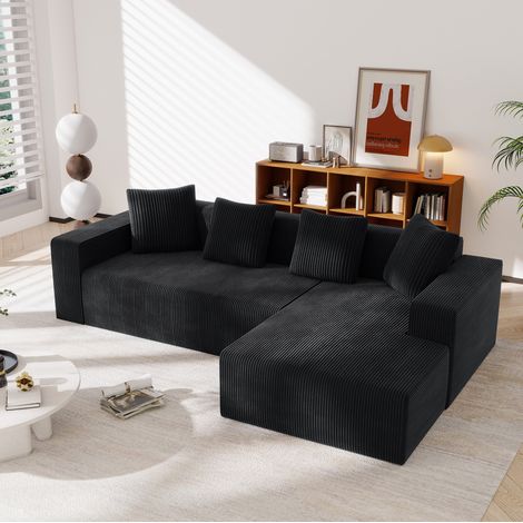 Divano modulare con chaise longue 261x146x65 cm nero in velluto a coste con seduta profonda (1/5)