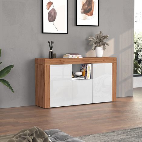 Buffet/bahut contemporain 155 cm blanc brillant/chêne wotan Neros (1/5)
