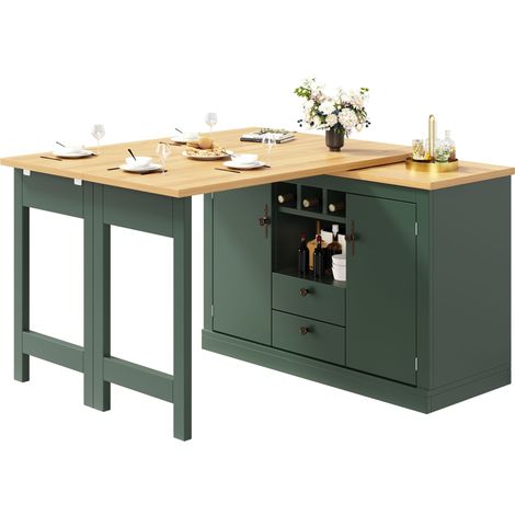 Table Bar Extensible avec Rangements et Plateau Pivotant à 360 Degrés, pour Salle à Manger et Bureau en MDF Vert Antique (1/5)