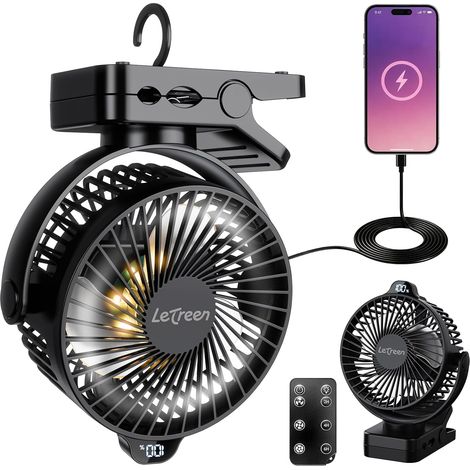 Mini USB Ventilateur Pince Portable 15000 mAh, Ventilateur de Table Silencieux, Affichage/Lumière LED, 3 Vitesses Rotation à 360°, Table Fan avec Télécommande pour Bureau, Maison, Camping (1/5)