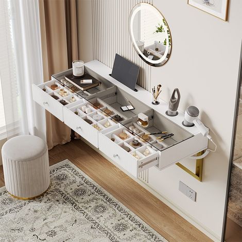 Coiffeuse murale 120x40x45cm, Table de maquillage blanche avec 3 tiroirs, Plateau verre, Support tablette et accessoires (1/5)