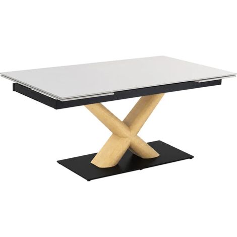 Table extensible 160 à 240 cm céramique blanc pied central X plaqué bois clair - OREGON 13 (1/5)