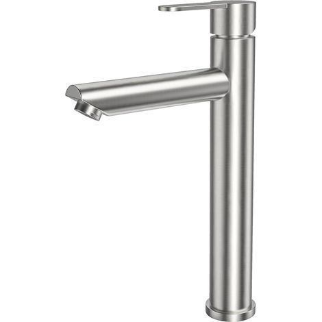 Rubinetto da bagno spazzolato, miscelatore alto per lavabo. Design moderno in acciaio inox. Acqua calda e fredda. Disponibile con tubo di collegamento da 60 cm. (1/4)