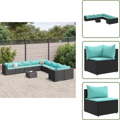 Canapé patio - vidaXL Salon de jardin 11 pcs avec coussins noir résine tressée - Canapé terrasse (1/5)