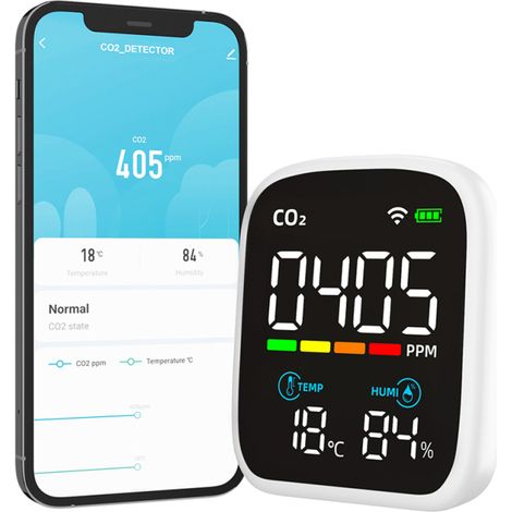 Detector de CO2 portátil y multifuncional, medición de temperatura y humedad, sensor NDIR, aplicación móvil (pantalla LED).