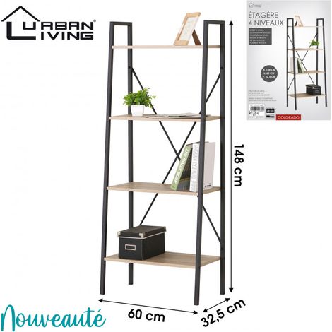 Etagère 4 niveaux COLORADO - Noir mat et chêne clair - Bois et métal - 148 x 60 x P 32.5 cm - Livraison gratuite
