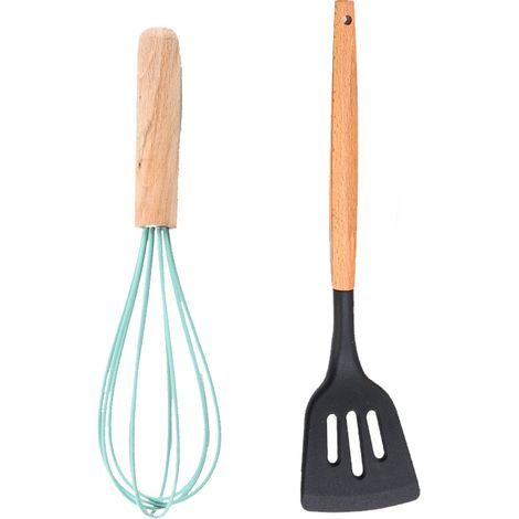 Ustensiles De Cuisine En Silicone - Poignées En Bois Résistantes À La Chaleur - Pour Casseroles Antiadhésives - Lot De 2 Pièces (1/5)