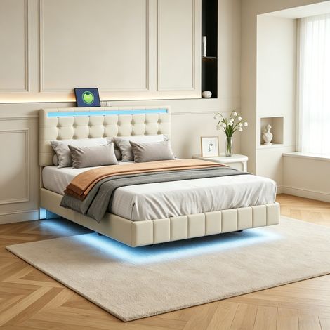Lit adulte 140x200 cm, Rangement sous lit à gaz, Lit suspendu capitonné avec éclairage LED et 2 ports USB, ête de lit réglable pour chambre à coucher, lin, Beige (1/5)