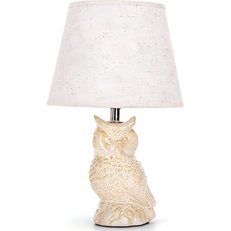 Lampe décorative en céramique blanche avec sculpture de hibou, culot E14, style vintage et chaleureux.