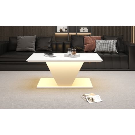 Table basse au design unique, avec éclairage LED — Table de salon haute brillance, table d'appoint ou de canapé — Idéale pour les petits espaces (forme en V) (1/5)