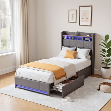 Polsterbett 90x200 cm, Doppelbett mit LED-Beleuchtung und USB, Modernes Jugendbett, Bettgestell mit Kopfteil und Lattenrost, Leinen Grau, Ohne Matratze