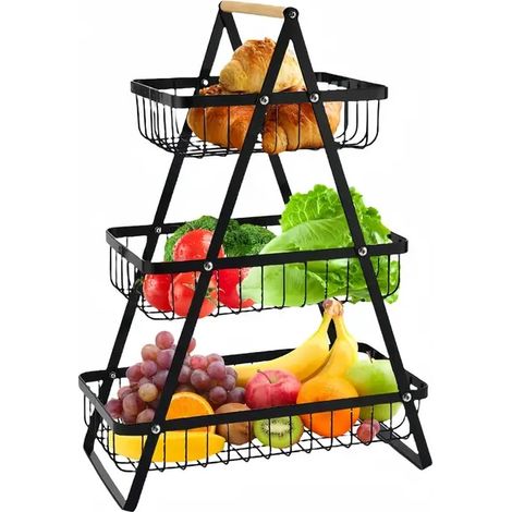 Dreistöckiger Obst- und Gemüsekorb aus Metall, schwarz, 3 Ebenen (1/4)
