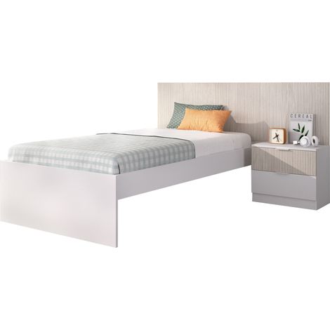 DEKIT LION - CABEZAL CON MESITA DE NOCHE DE 2 CAJONES Y ARO DE CAMA 90X190 - BLANCO/ALISTONADO - 106 x 146 x 194,8 (1/5)