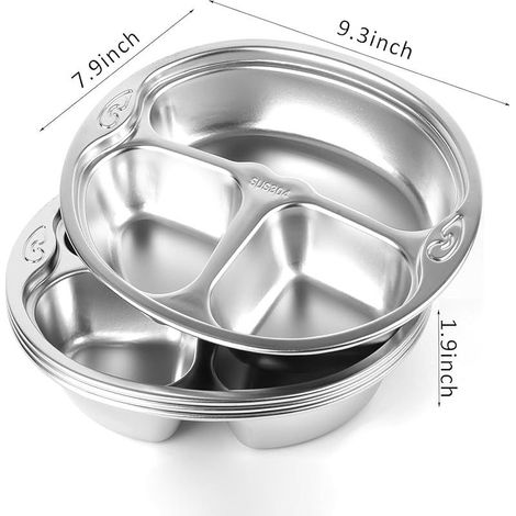 Lot de 4 assiettes divisées 18/10, 3 sections, contrôle des portions, plateau de service compact, incassable pour enfants, mangeurs difficiles, campeurs