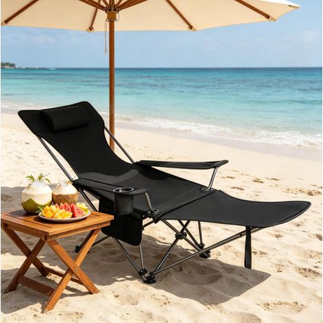 Silla de camping de acero negra plegable con reposapiés extensible y respaldo regulable (1/5)