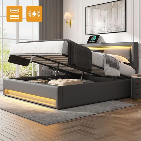 Lit double 140x190 cm en similicuir gris avec LED intégrée, port USB et coffre de rangement, sans matelas (1/5)
